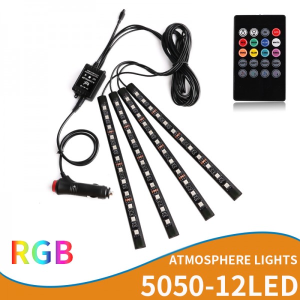Car RGB 12LEDs Kit Interior Atmosphere Neon Lights Strip