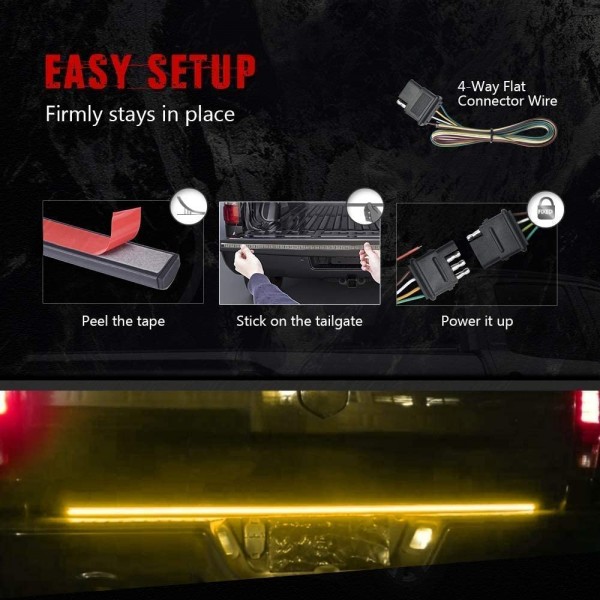 60“ Triple 504 LED Tailgate Strip Light Waterproof w/ 4Way Flat Connector Wire-Solid Amber Turn Signal Red Brake Running White Reverse Bulb For Jeep GMC Ford Dodge Ram Pickup Truck RV SUV