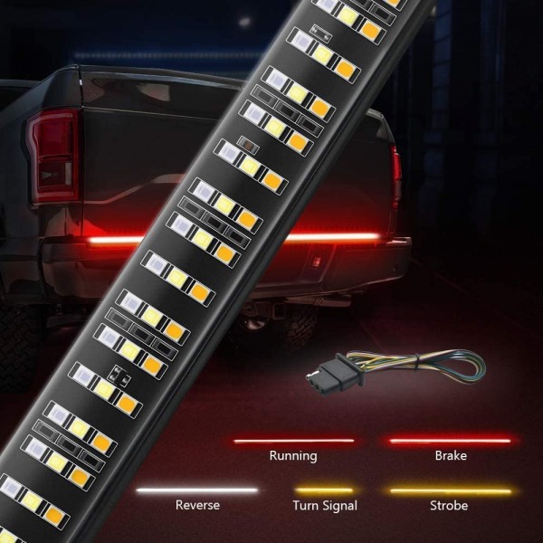 60“ Triple 504 LED Tailgate Strip Light Waterproof w/ 4Way Flat Connector Wire-Solid Amber Turn Signal Red Brake Running White Reverse Bulb For Jeep GMC Ford Dodge Ram Pickup Truck RV SUV