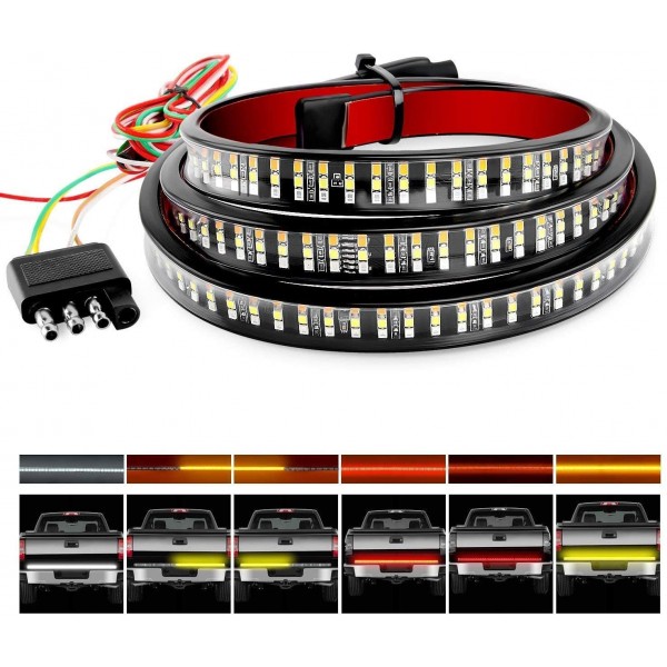 60“ Triple 504 LED Tailgate Strip Light Waterproof w/ 4Way Flat Connector Wire-Solid Amber Turn Signal Red Brake Running White Reverse Bulb For Jeep GMC Ford Dodge Ram Pickup Truck RV SUV