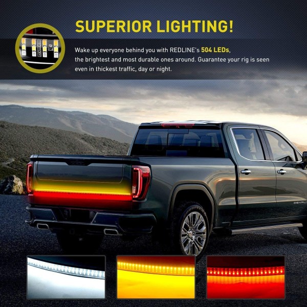 60“ Triple 504 LED Tailgate Strip Light Waterproof w/ 4Way Flat Connector Wire-Solid Amber Turn Signal Red Brake Running White Reverse Bulb For Jeep GMC Ford Dodge Ram Pickup Truck RV SUV