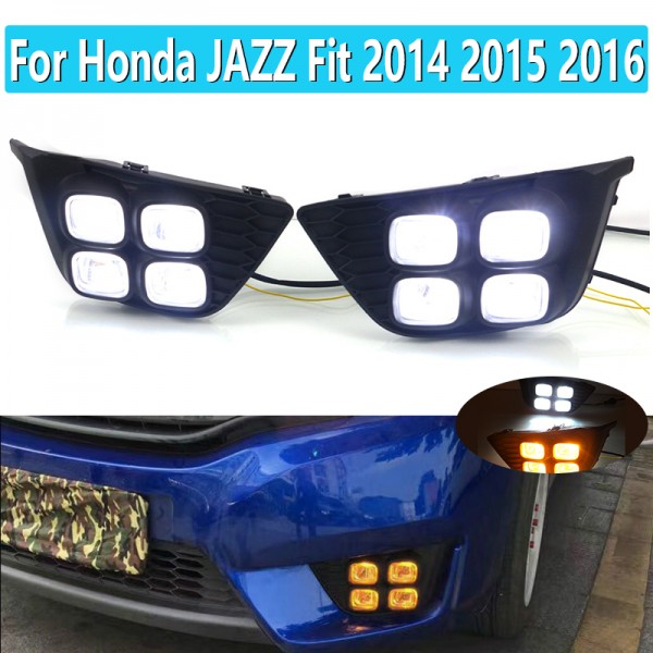 For Honda JAZZ Fit 2014 2015 2016 LED Car DRL Daytime Running Lights With Turn Yellow Signal